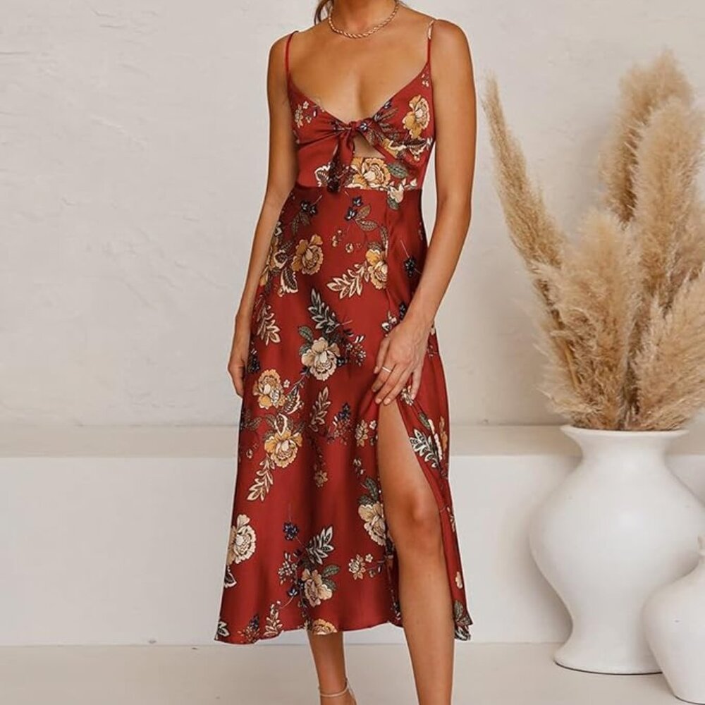 Fashionme Women Spaghetti Strap Midi Satin Dresses Tie Front Floral (Small)